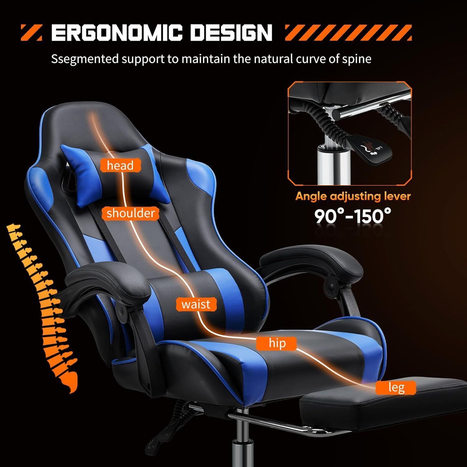 Leather Ergonomic Reclining Gaming Chair - Adjustable, with Wheels and Footrest gallery