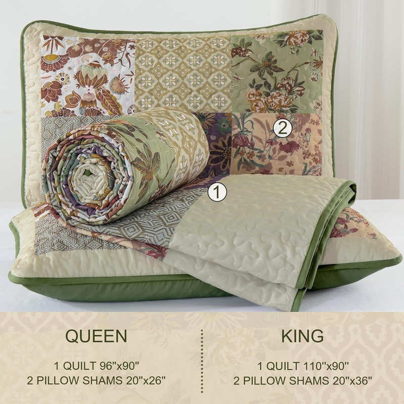 Patchwork Quilt Set King Size, Bohemian Floral Bedspread Green & Beige Coverlet gallery