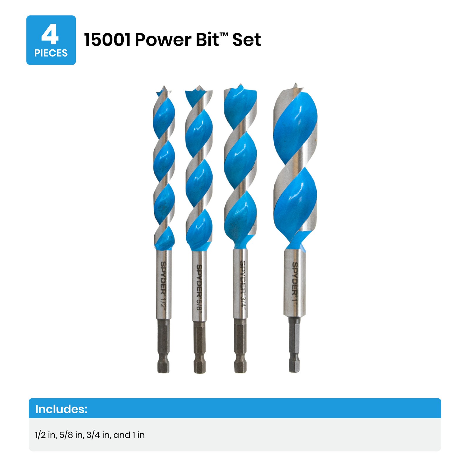Spyder 4-Piece Woodboring Power Bit Set 1/2 5/8 3/4 1-Inch 15001CA gallery