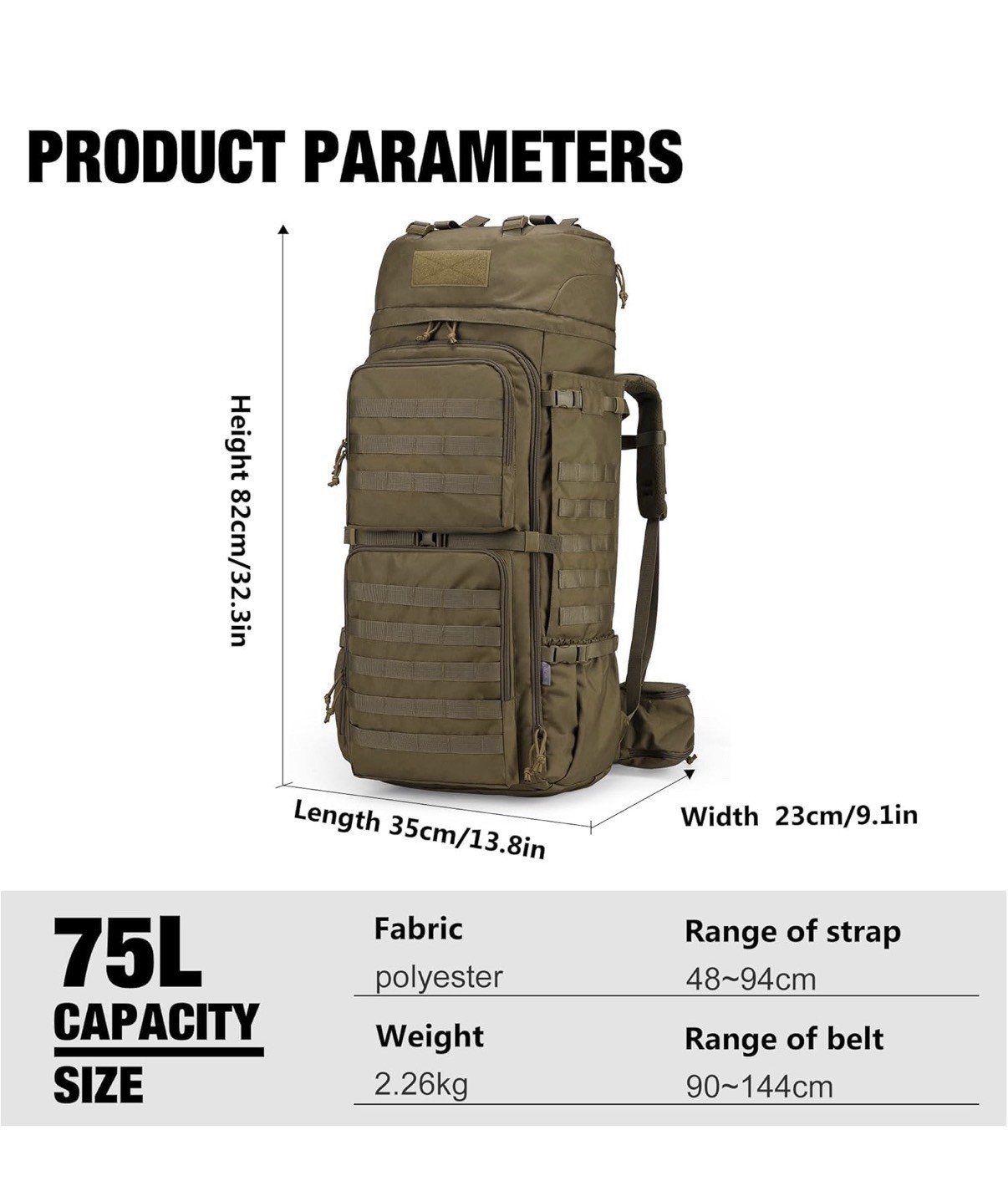 75L Molle Style Hiking Internal Frame Backpack With Extra Molle Packs 5