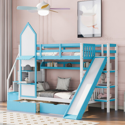 Solid Wood Bunk Bed w/ Slide Storage Drawers Staircases Twin Full Size Bed Frame gallery