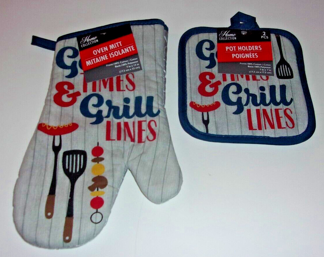 Home Collection Good Times & Grill Lines Oven Mitt and Potholders Matching Set gallery