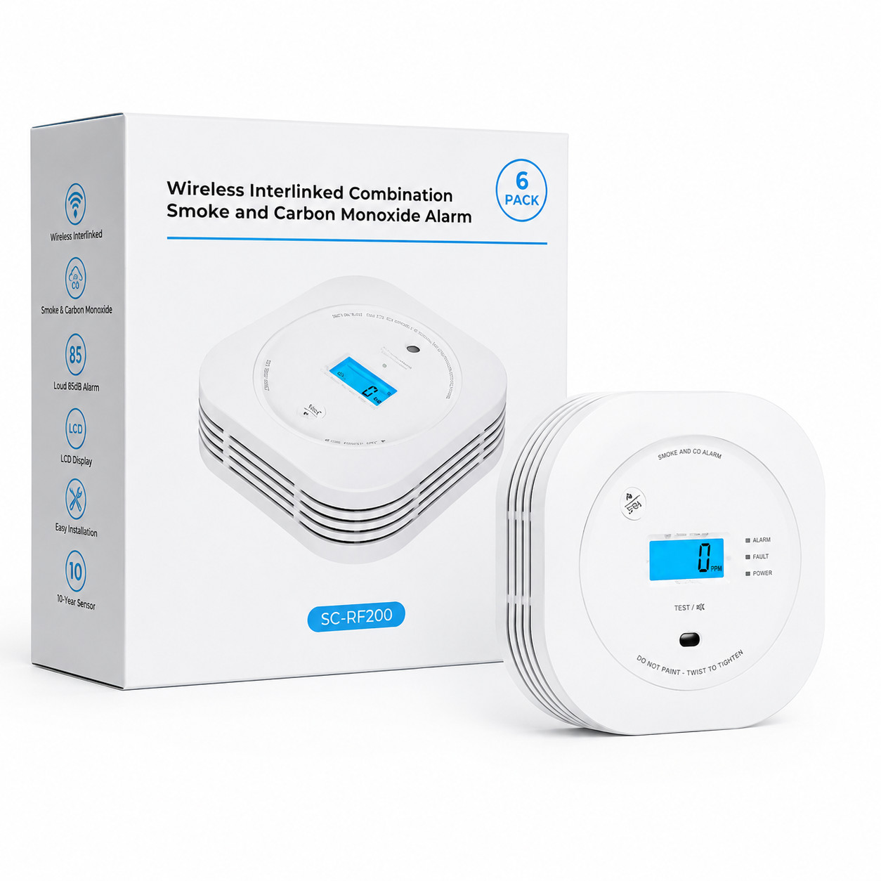 Wireless Interlinked Smoke & Carbon Monoxide Alarm 6 Pack LCD Display SC-RF200 gallery