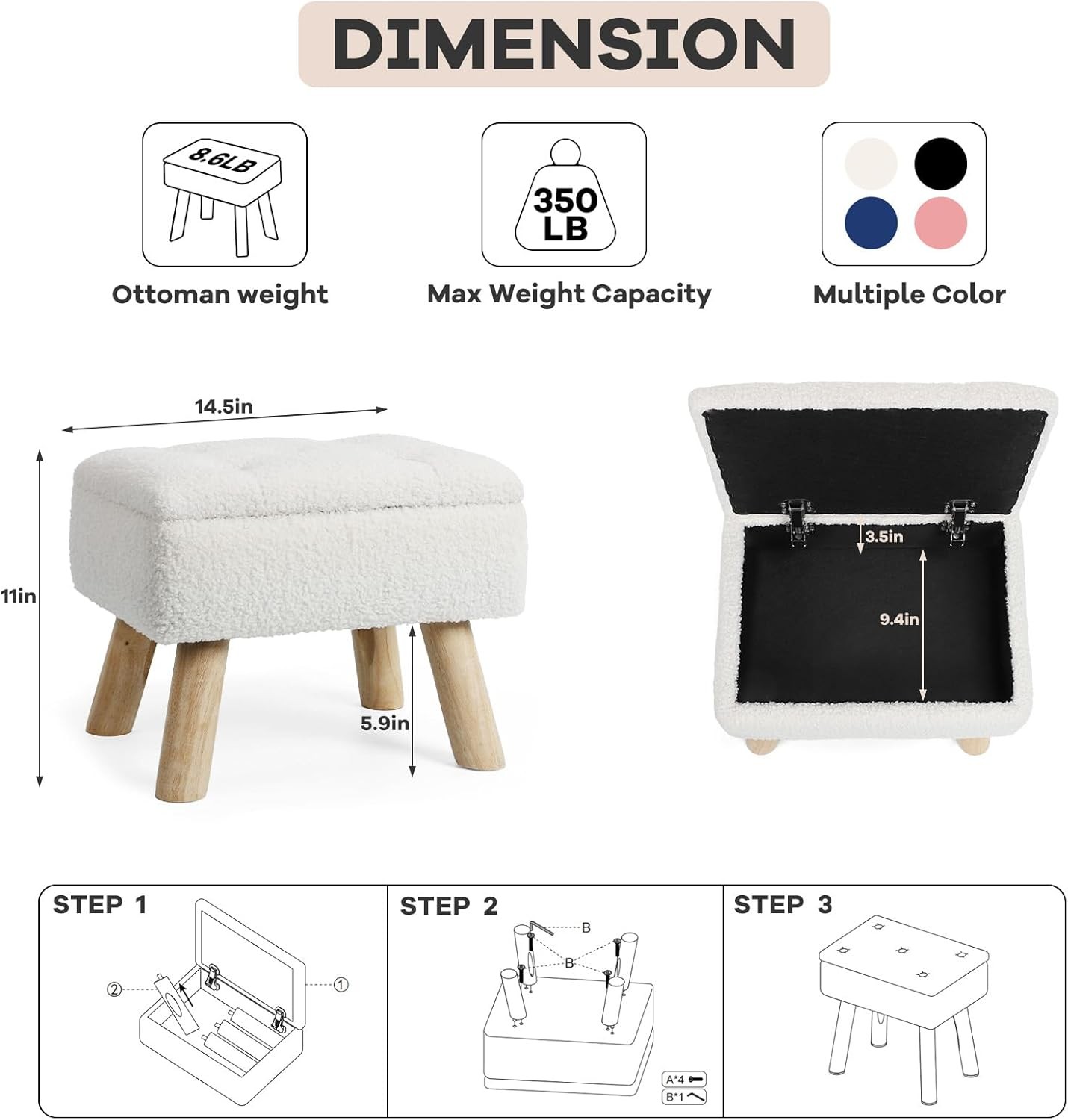 Small Foot Stool Ottoman w/Storage Box Boucle Teddy Velvet Foot Rest Legs Stool gallery