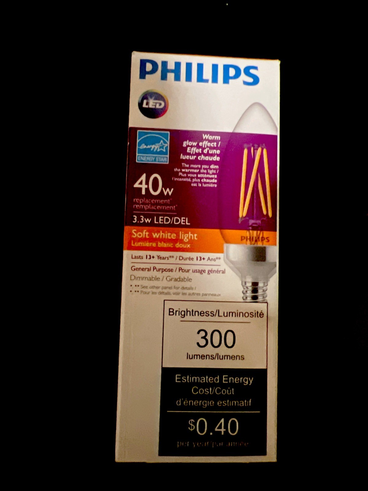 10 Pack PHILIPS 549568 LED Bulb B11 3.3W 300 Lumen 2700K 90CRI 120V Dimmable E12 gallery