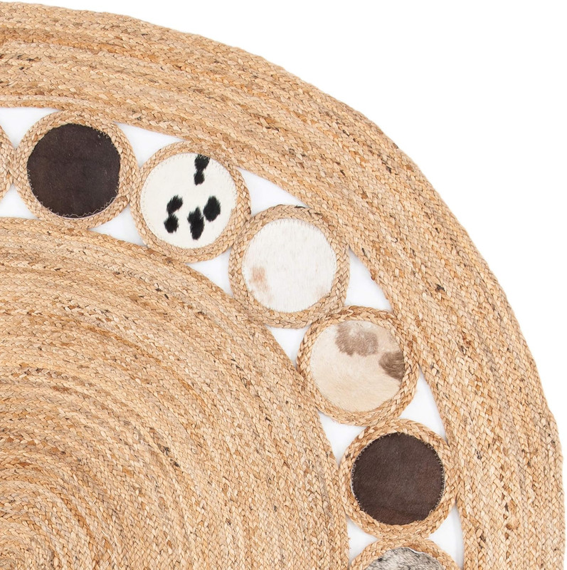 Handmade 6' Beige & Silver Boho Jute & Leather Round Area Rug gallery
