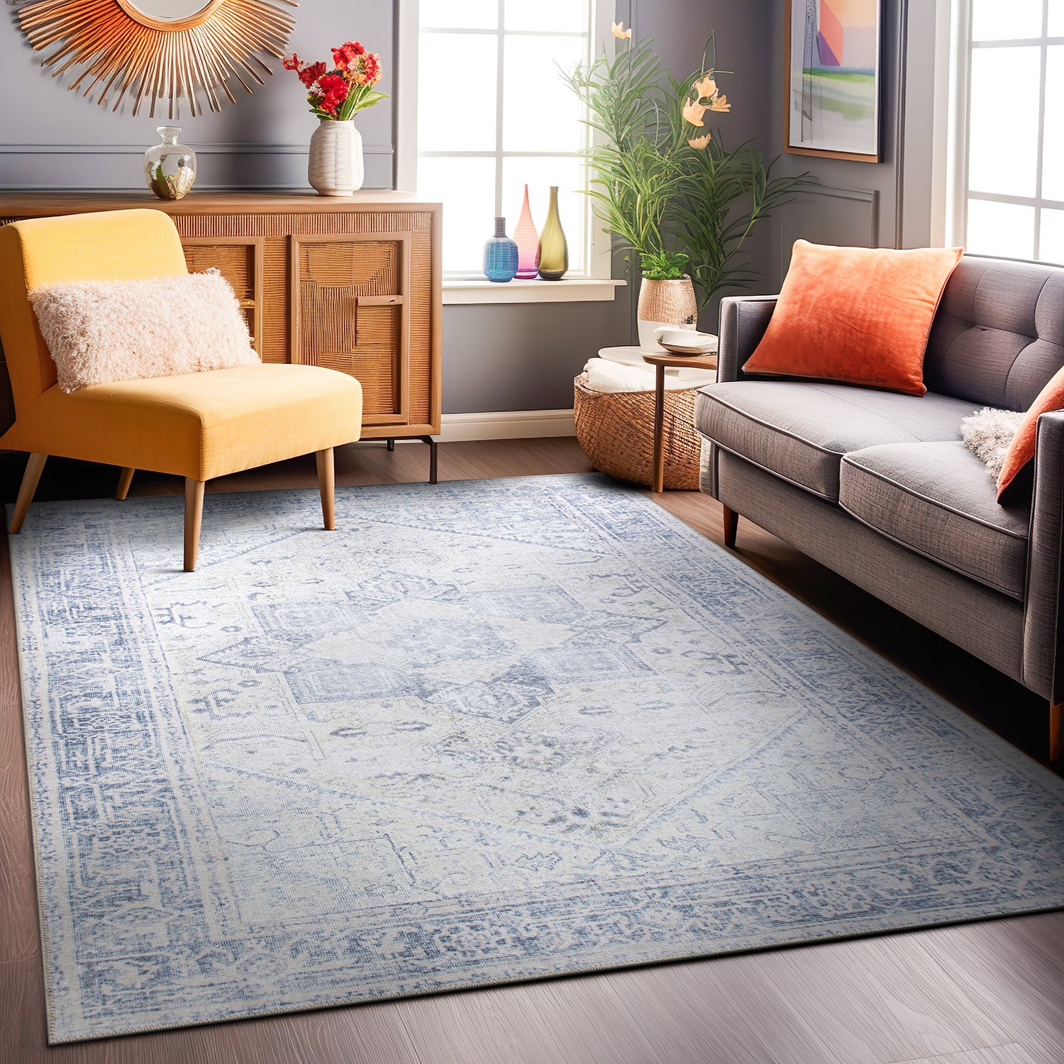 Rugshop Area Rug Medallion Boho Machine Washable Rugs Blue Rug Medallion Rug 3x5 gallery