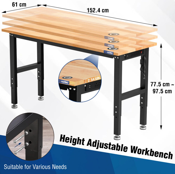 Uimoso Adjustable Height Workbench 60"L x 24"W Work Bench Table w/ Power Outlets gallery