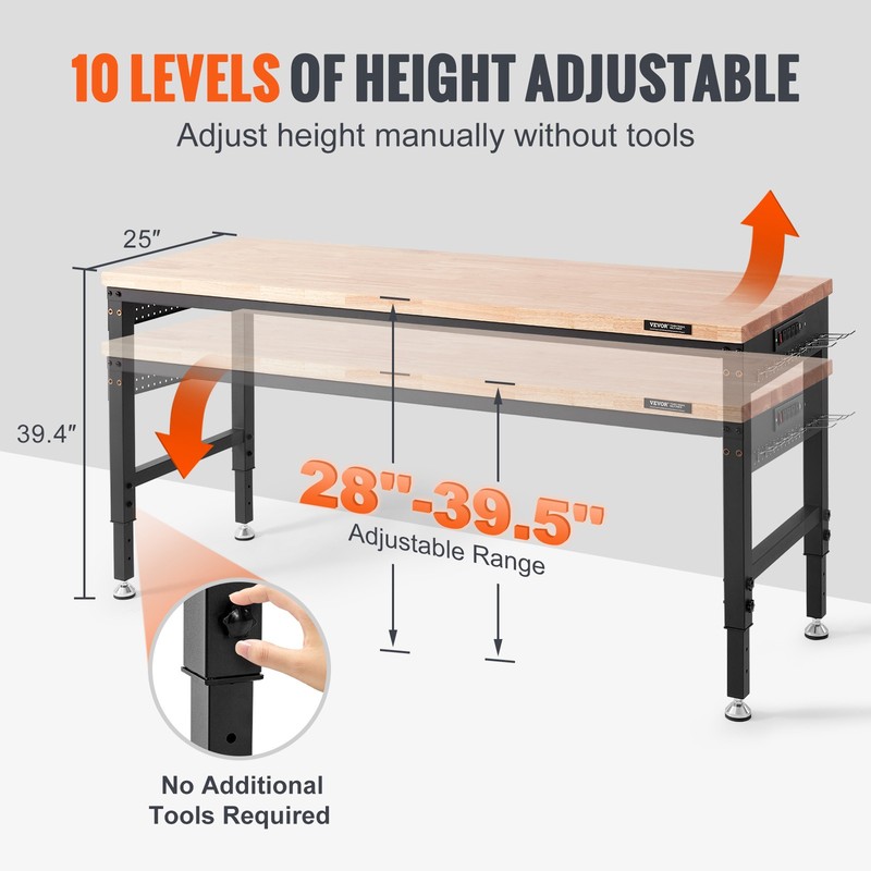 VEVOR Adjustable Height Workbench 72"L x 25"W Work Bench Table w/ Power Outlets gallery