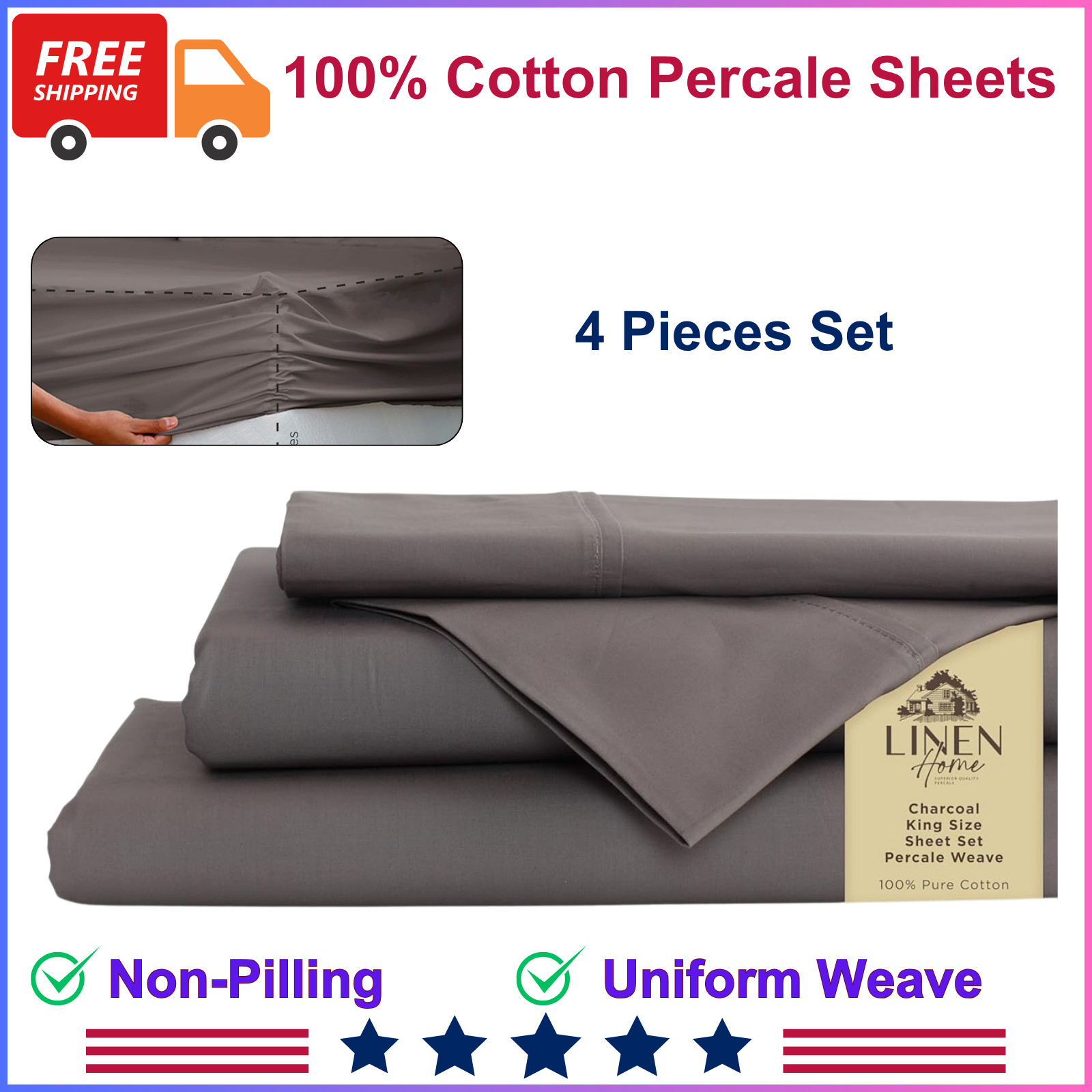 100% Cotton Percale Sheets King Size, Charcoal, Deep Pocket, 4 Pcs, Crisp Cool gallery