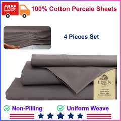 100% Cotton Percale Sheets King Size, Charcoal, Deep Pocket, 4 Pcs, Crisp Cool