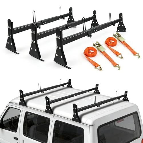 Adjustable 57-65 Roof Ladder Rack for Van - 3 Bar Set - 850 LBS Capacity - Black gallery