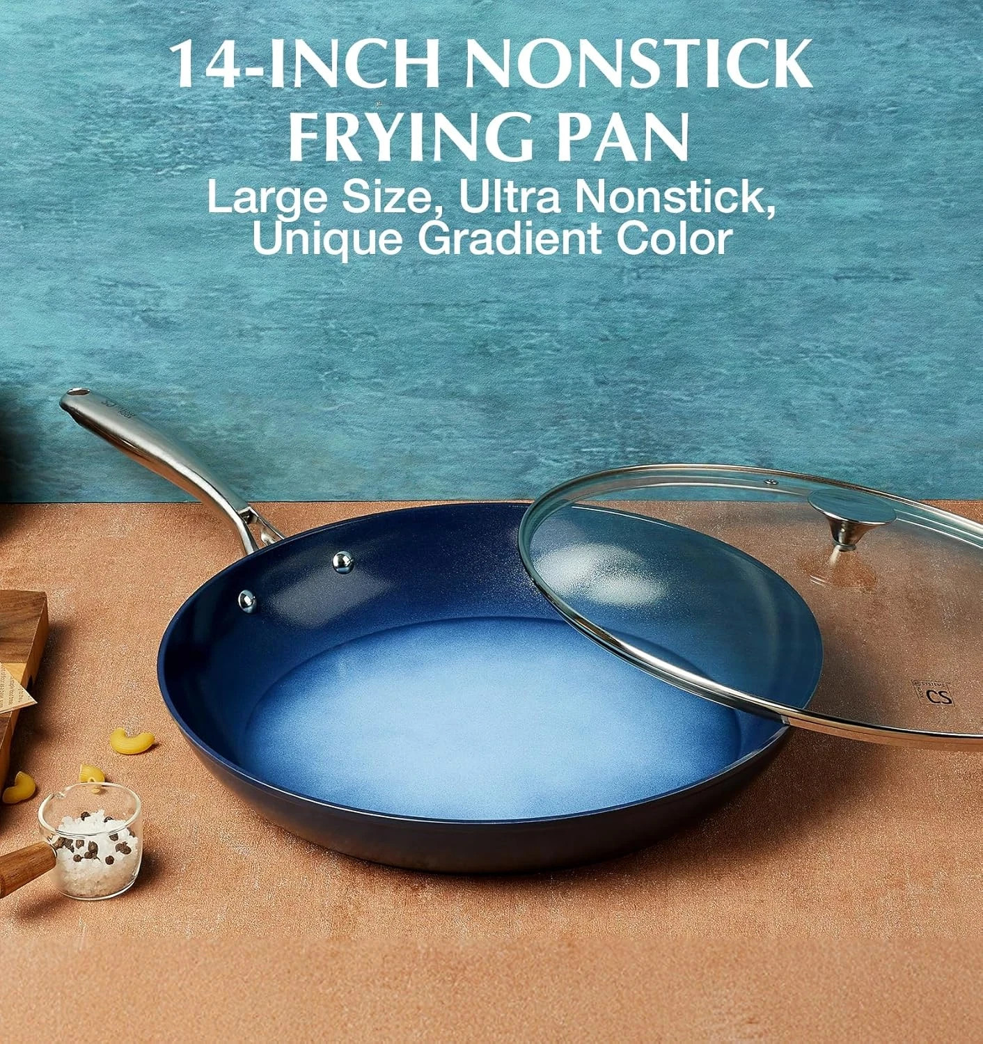 Large 14" Nonstick Frying Pan with Lid, Oven Safe & Induction Compatible, Blue gallery