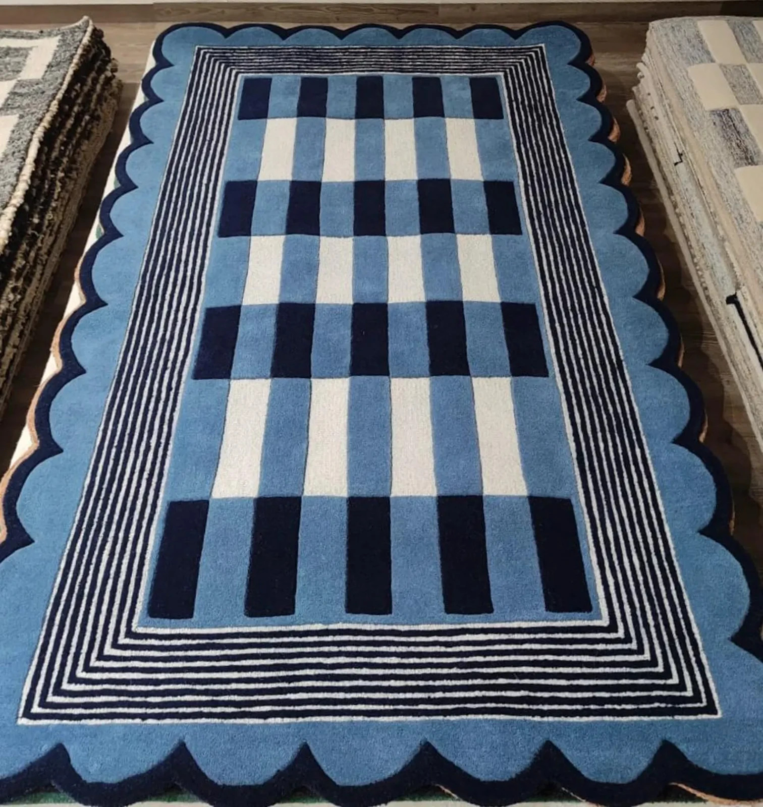 Modern Hand-Tufted Wool Rug Blue Checkered Design with High-Low Loop & Cut Pile gallery