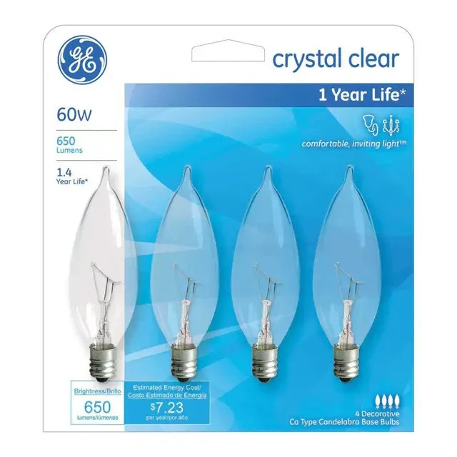 GE Crystal Clear CA Type Candelabra Base 60W 4ct Light Bulbs gallery