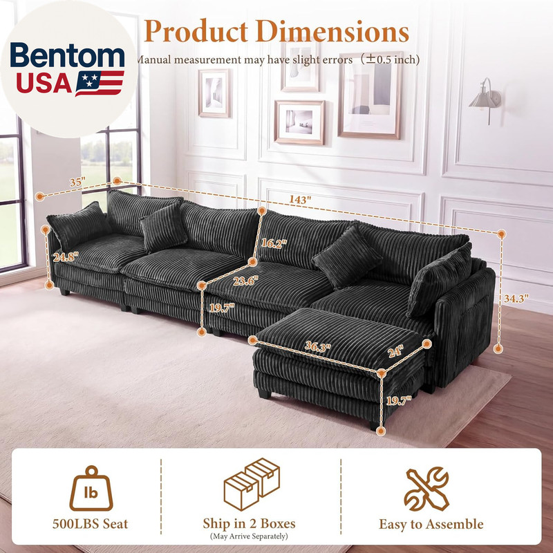 143" L Shaped Modular Sectional Couch, Comfy Corduroy Upholstered Cloud Couches gallery