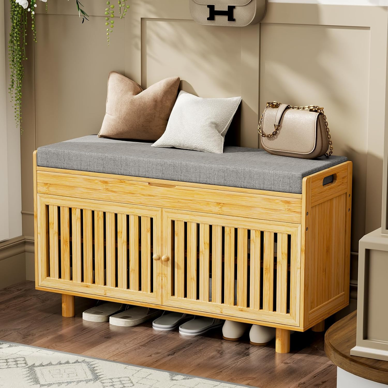Bamboo Shoe Storage Bench with Padded Cushion & 2-Tier Hidden Storage gallery