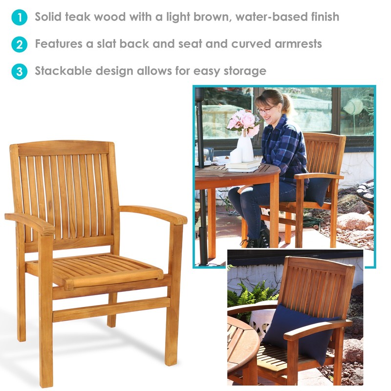 Solid Teak Wood Stackable Outdoor Dining Armchair - Light Brown by Sunnydaze gallery