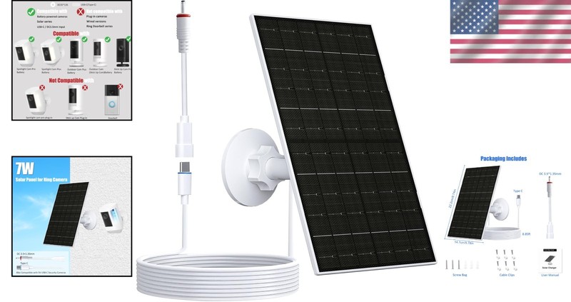 7W Solar Panel for Ring Security Camera Waterproof USB-C Adjustable Mount gallery