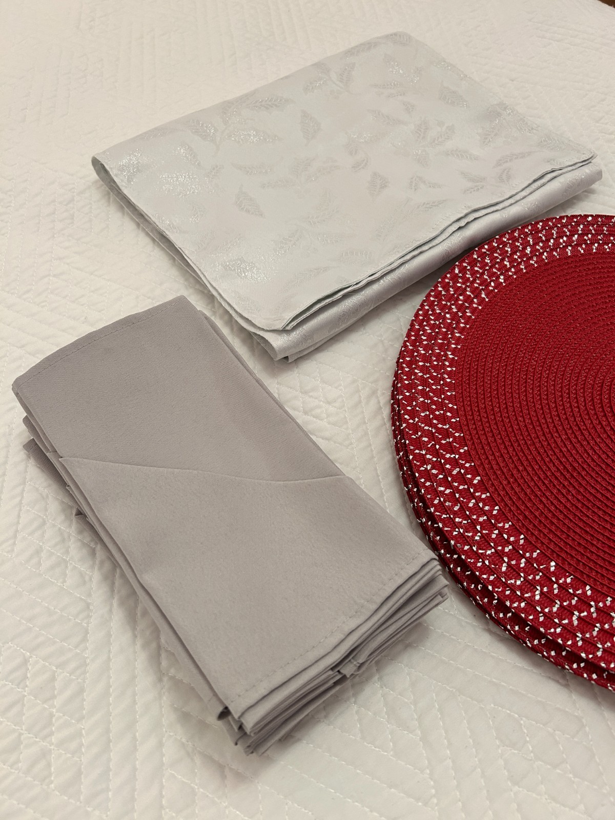 Elegant Silver & Red Holiday Dining Set- Runner, Placemats & Napkins gallery