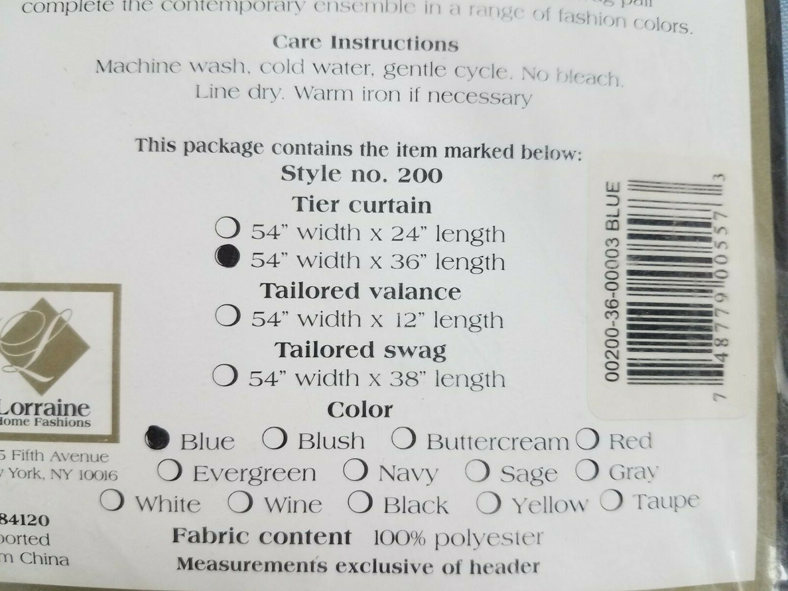 Lorraine Ribcord Solid Color Kitchen Tier Curtain Pair 54W x 36L Blue NWT gallery