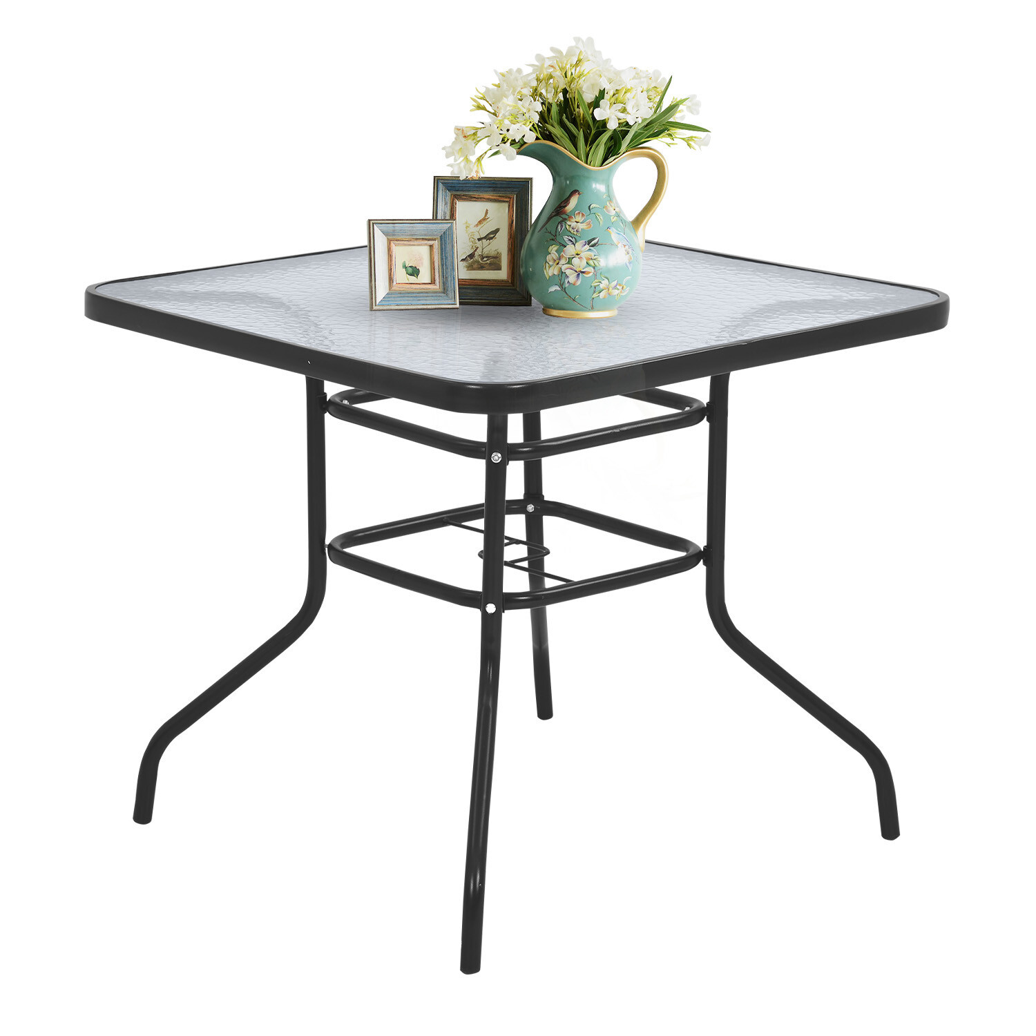 Outdoor Table Patio Table Dining Table w/ Tempered Glass Umbrella Hole for Lawn gallery