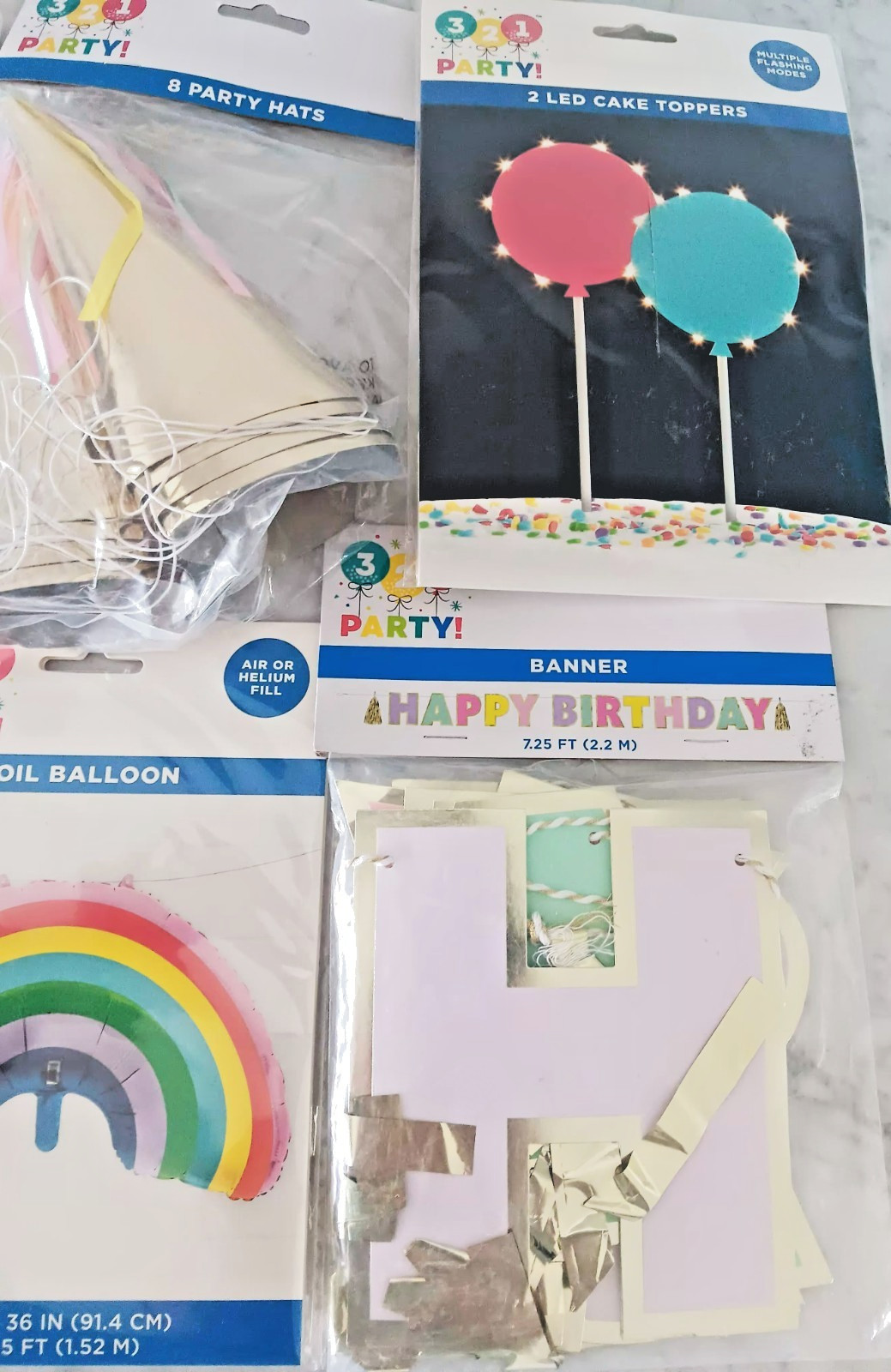 321 Party! Birthday Balloons LED CAKE TOPPER, HATS, BANNER, lot of 6 NEW gallery