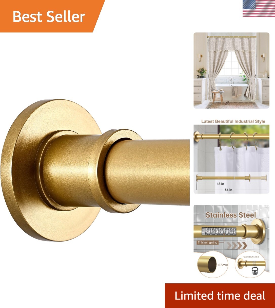 Adjustable Shower Curtain Rod Stainless Steel No Drill No Slip Sunset Gold 18... gallery
