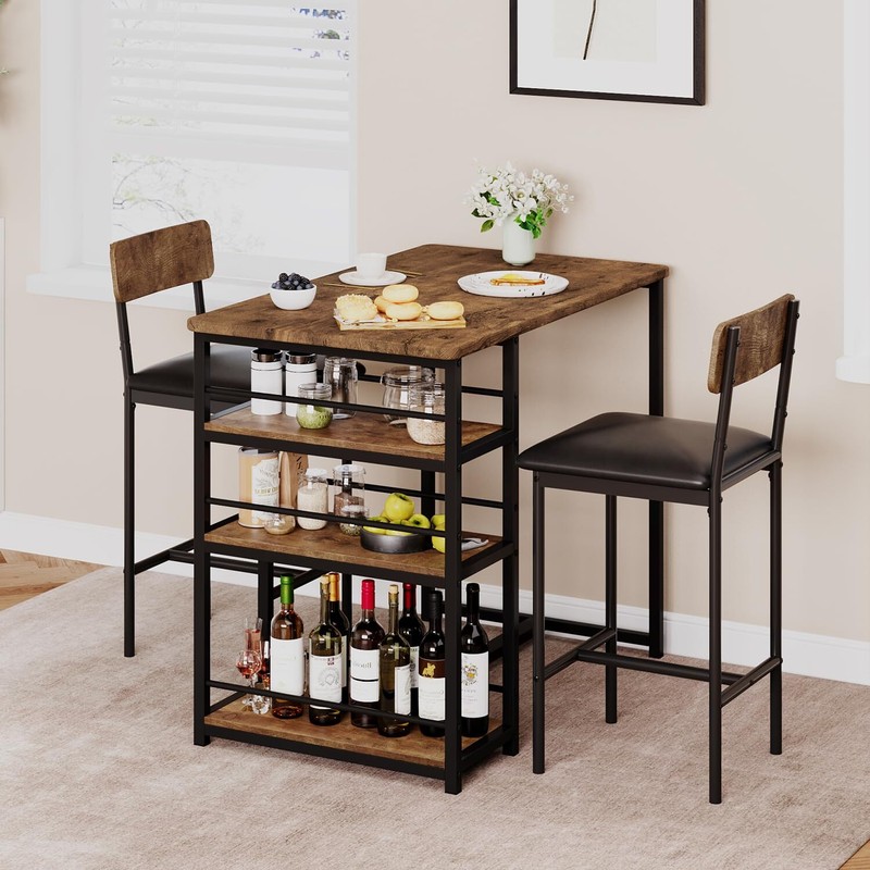 3 Piece Dining Table Set for 2 Kitchen Table with 2 Chairs and Storage Shelves gallery