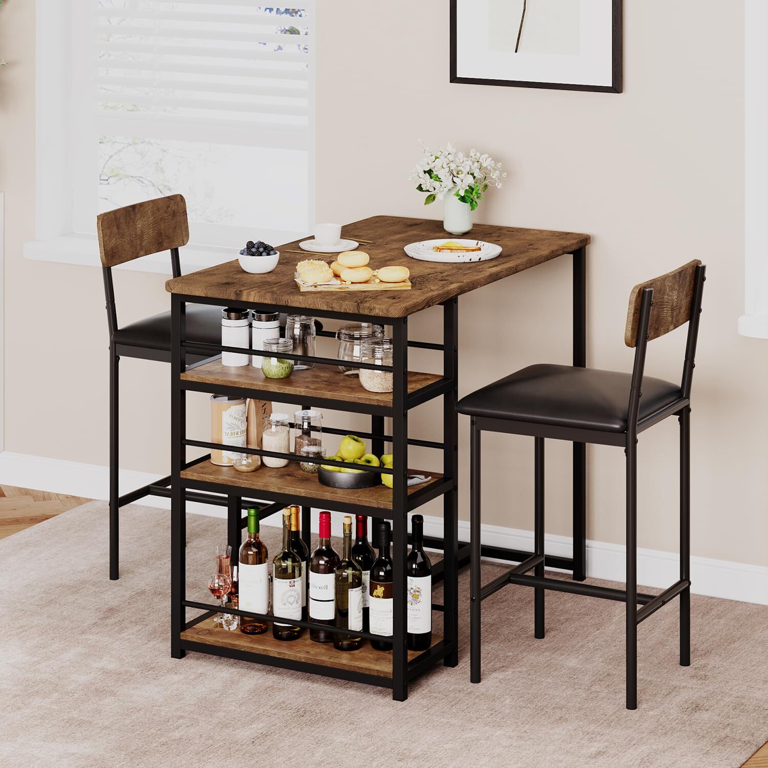 Small Space 3-Piece Dining Table Set for 2, High-Leg Bar Table w/ Chairs Brown gallery