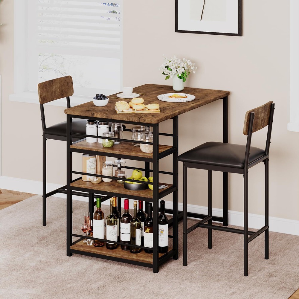 Small Space 3-Piece Dining Table Set for 2, High-Leg Bar Table w/ Chairs Brown