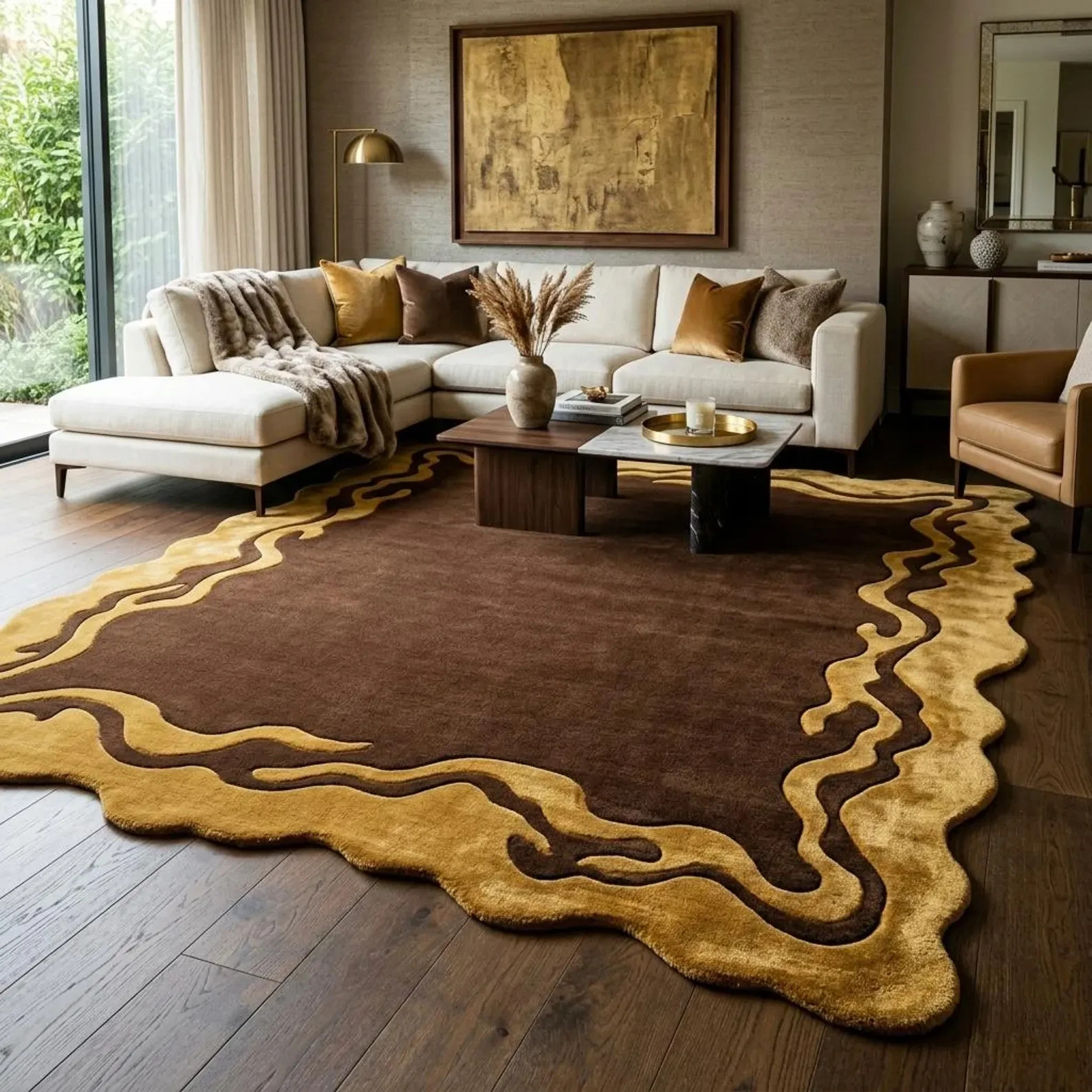 Modern Abstract Gold Border Area Rug Irregular Shape Large Modern Handmade Rug gallery