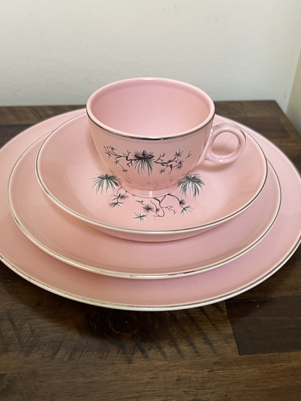 TAYLOR SMITH & TAYLOR DWARF PINE Pink 4 Pc Service Set Plates China Dishes VTG gallery