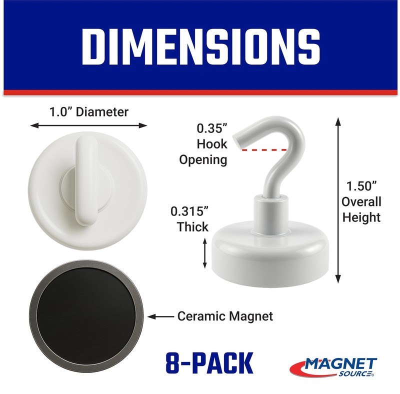 White Magnetic Hook Set - 1" Diameter, 1.5" Height, 9 Pound Pull, Pack of 8, ... gallery