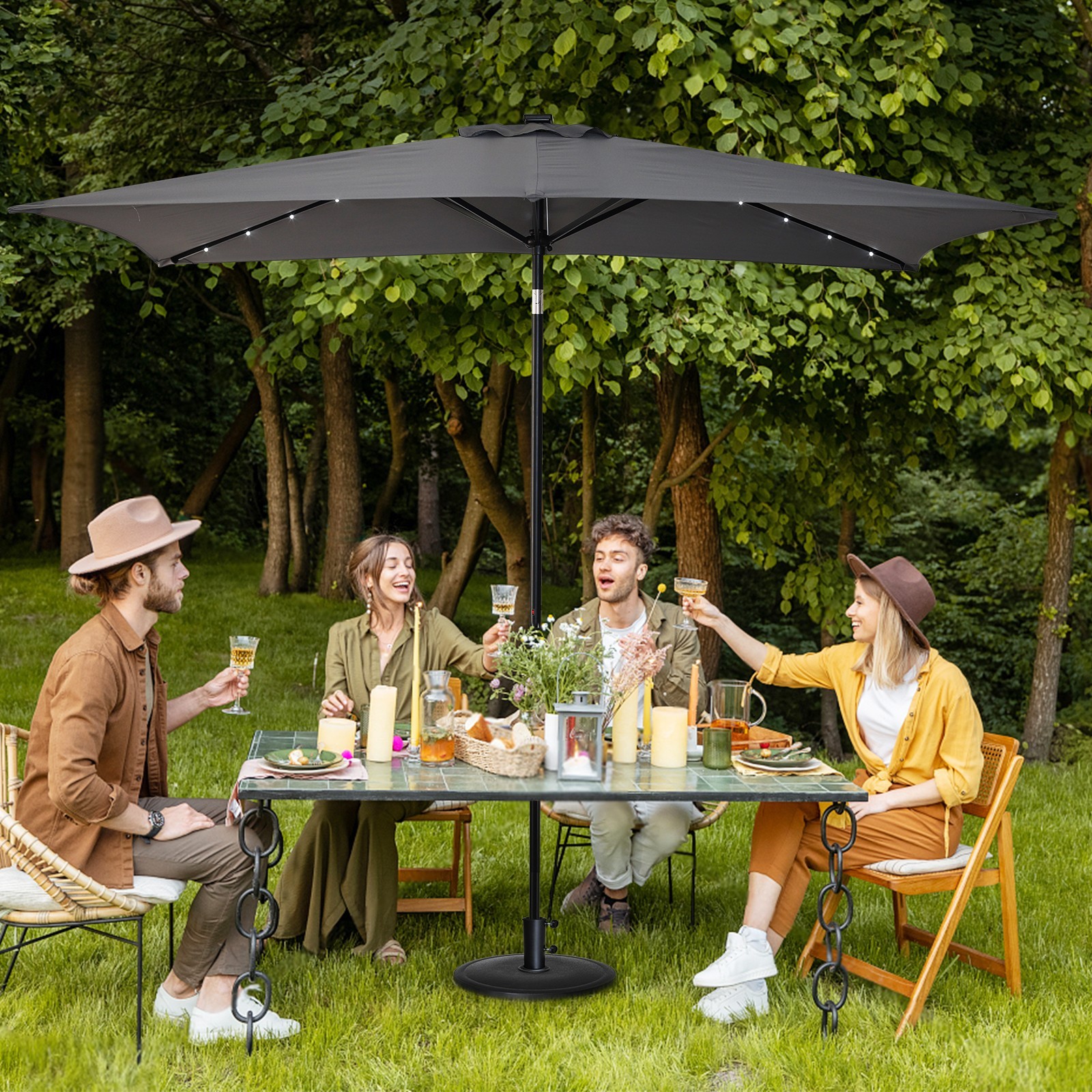Sun-Ray Rectangle Umbrella 6.6 by 9.9 FT, Solar LED Lights, Tilt & Crank Lift gallery