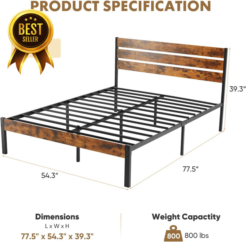Full Size Bed Frame with Headboard 800LB Metal Support Rust Brown gallery