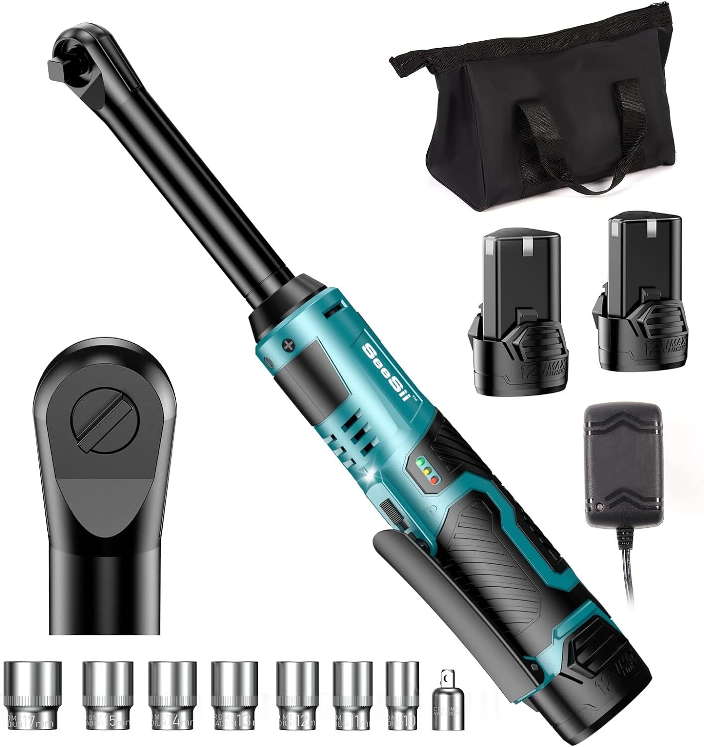 Seesii 3/8" Extended Electric Cordless Ratchet Wrench 40Ft-lbs 6" Long Reach gallery