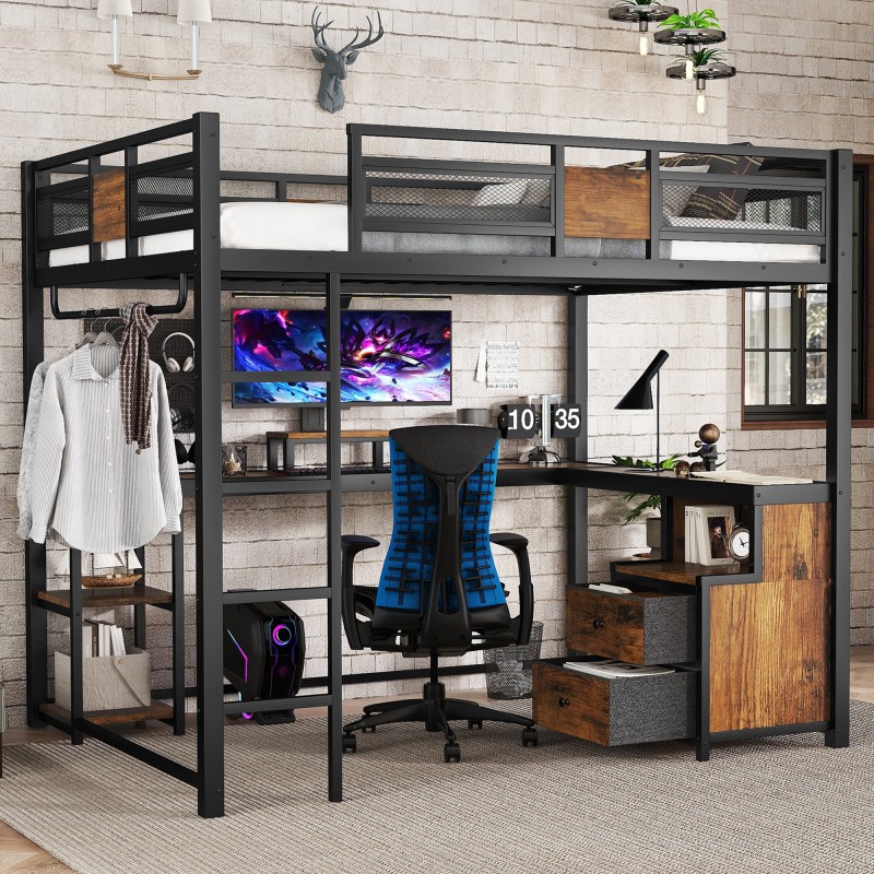 Queen Loft Bed with Desk and Storage Non-woven Fabric Drawers, Metal Loft Bed gallery