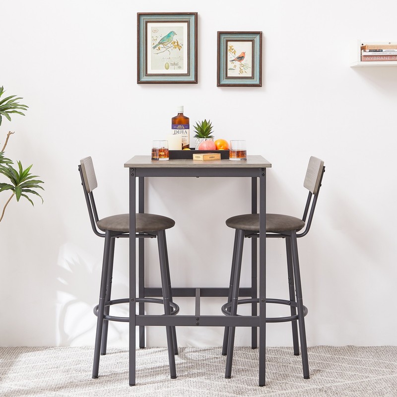 Bar Table Set with 2 Bar Stools PU Soft Seat with Backrest - Rustic Grey gallery