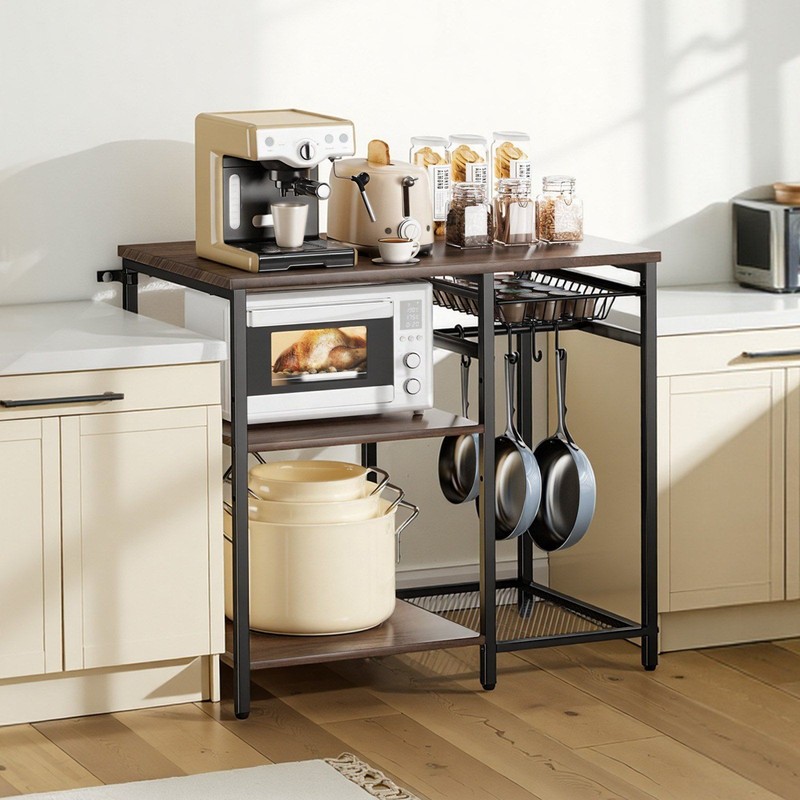 3-Tier Kitchen For Baker Rack: Walnut Top, Black Metal Frame, X-Brace, 5 Hooks gallery