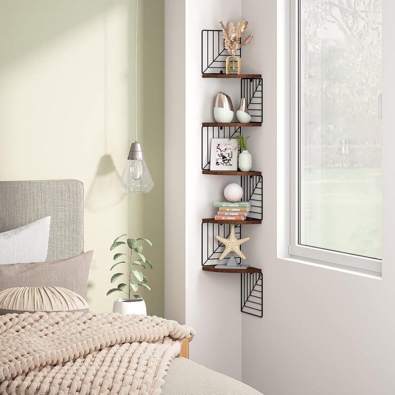 Dark Walnut Floating Corner Shelf - 5 Tier Rustic Wood gallery
