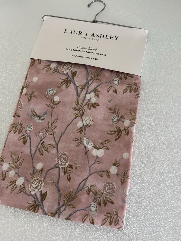 NIP Laura Ashley Window Curtains 2 Panels 38 x 84 Birds Rose Pink Brown Back Tab gallery