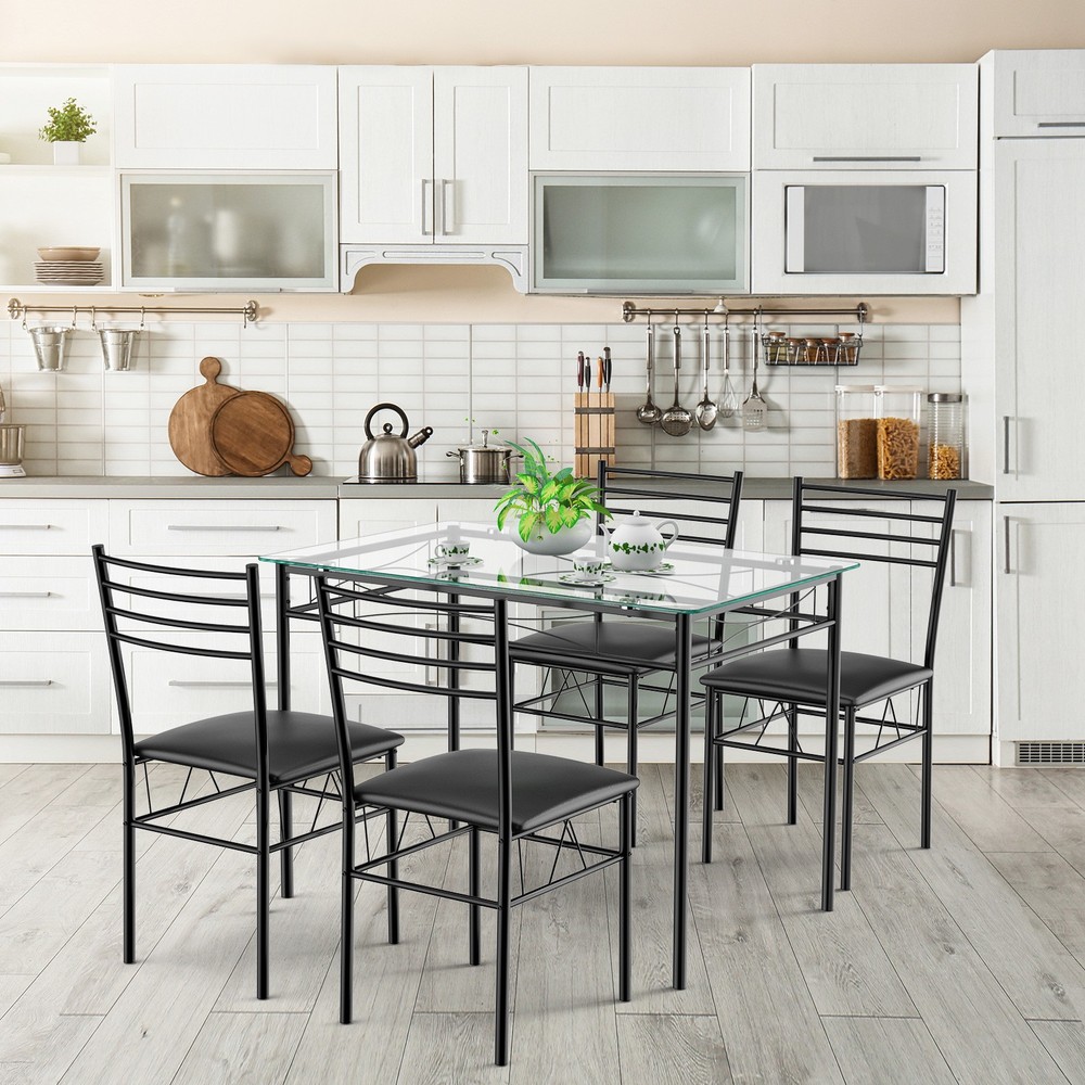 Costway 5PC Home Kitchen Dining Set Tempered Glass Top 4 Chairs Modern Design