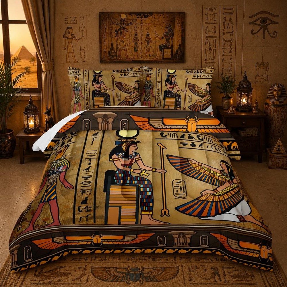 Nttopship Ancient Egypt Comforter Bedding Set 2 Pillowcase Queen Size Pharaoh