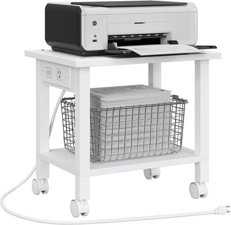 Mobile Printer Cart with Power Outlets & Locking Wheels - Modern White Design gallery