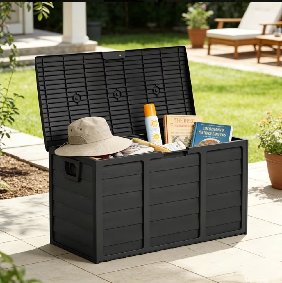 75-gallon Resin Outdoor Storage Box With Handle, Lockable Patio Box Black gallery