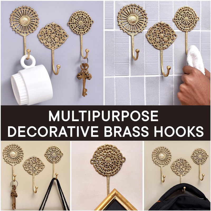 Solid Brass Boho Decorative Wall Hooks - Holds Up to 33 lbs - Vintage Gold Wall gallery