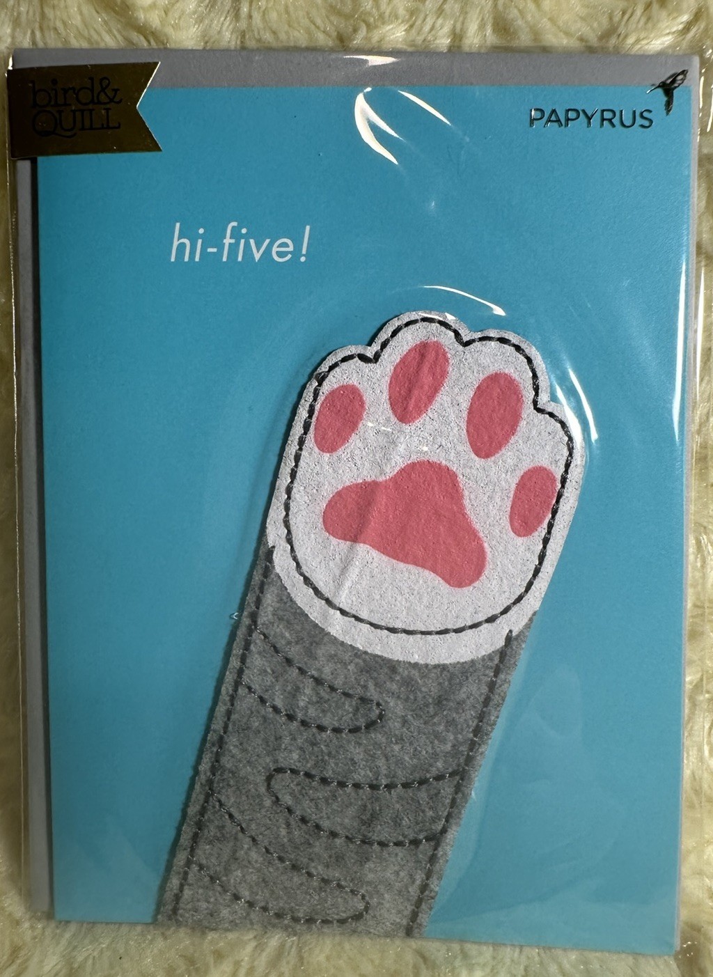 Papyrus Bird & Quill BLANK ALL OCCASIONS Card Felt 3D Cat Paw hi-five! gallery