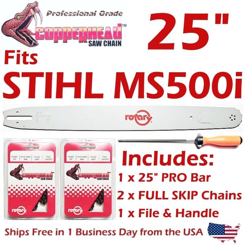 COPPERHEAD 25" Bar, 2 SKIP Chains, File fits STIHL MS500i 3003 000 8830 33RSF-84 gallery