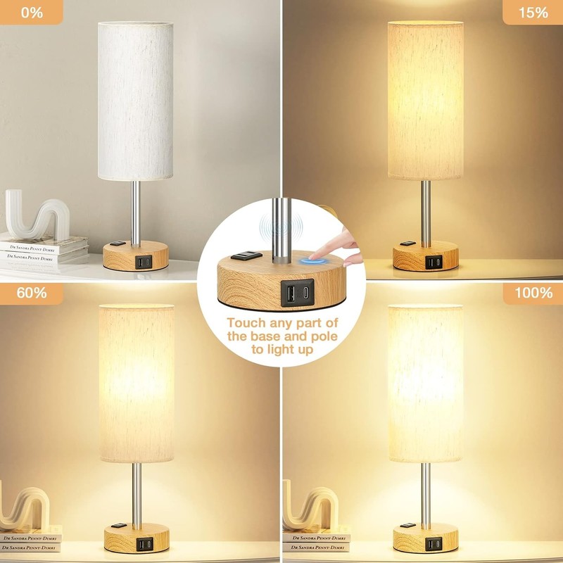 3 Way Touch Bedside Table Lamp USB C AC Outlet Wood Base LED Bedroom Light Shade gallery